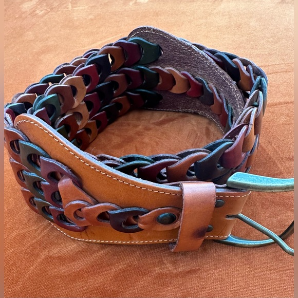 Vintage New Italian Leather Chain Link Belt With Brass Buckle Brown Shades L XL main image 8